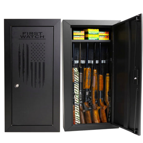 First Watch 8-Gun Security Cabinet, Steel Storage Safe with Lock, American Flag Design, Black Homak