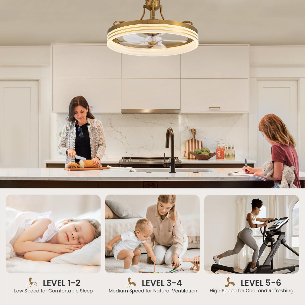 Moooni 20" Ceiling Fan with Light Remote Control Gold Ceiling Fan with Light, 6 Wind Speeds Flush Mount Fandelier, Low Profile LED Ceiling Fan, Modern Ceiling Fan for Bedroom Living Room Kitchen Moooni