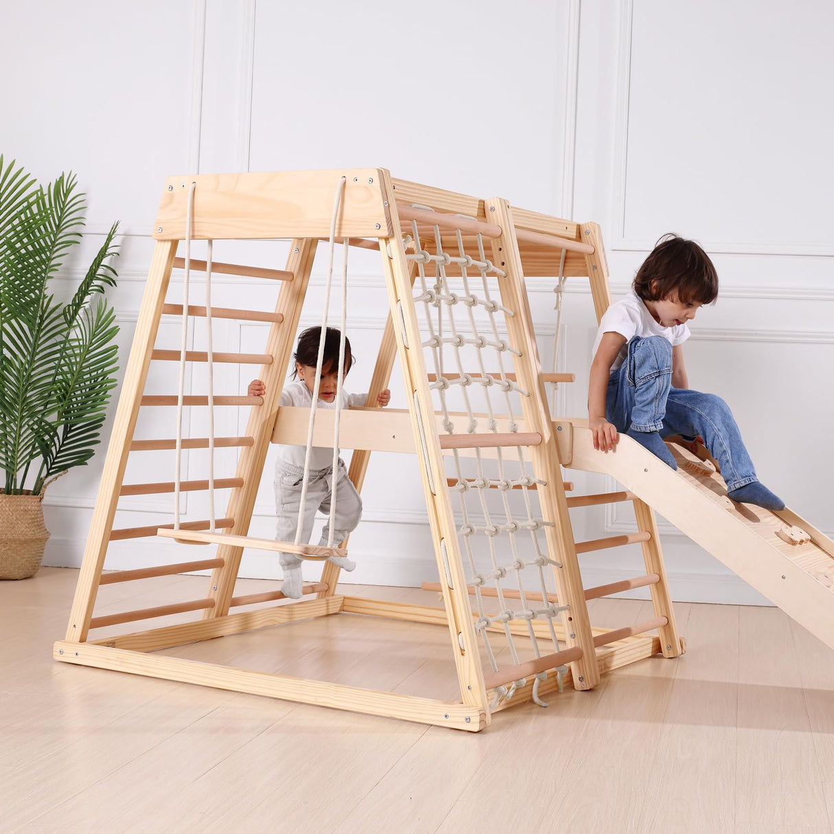 OOOK 8 in 1 Indoor Play Kids Gym,Indoor Kids Playground,Climbing Toys for Toddlers 3-8, Climber Playset with Slide, Climbing Rock/Net, Climbing Ladder, Monkey Bars, Rope Ladder,Swing OOOK