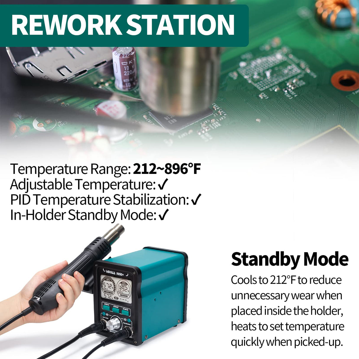 YIHUA 995D+ EVO Soldering Hot Air Station Kit 2-IN-1 110W Soldering Iron with LCD Display, Power Meter, Preset Channels, Sleep Mode, °C-°F Conversion, Automatic Shutdown Functions YIHUA