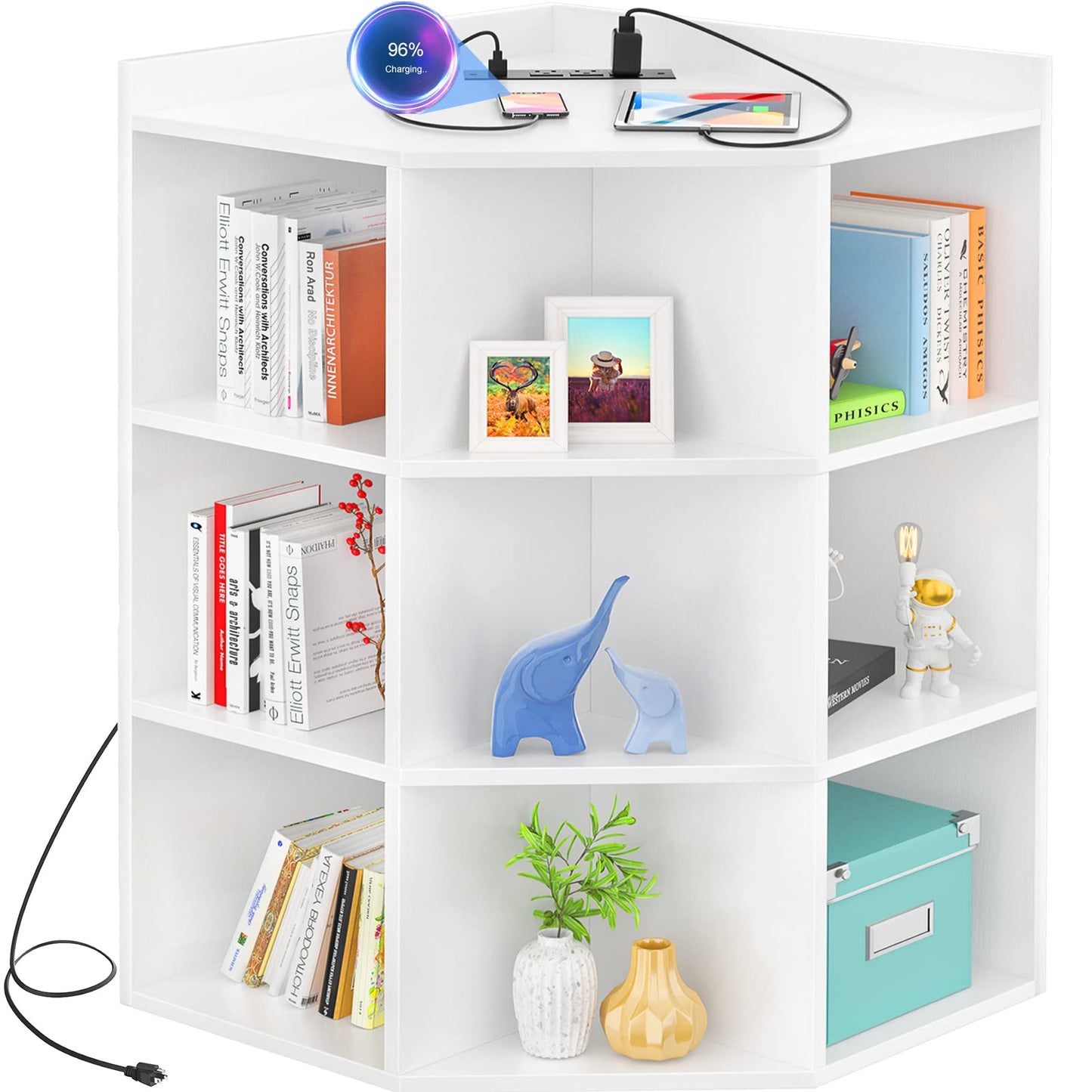 Aheaplus Corner Cabinet, Corner Storage with USB Ports and Outlets, Wooden Cubby Corner Bookshelf with 9 Cubes for Small Space, Corner Cube Toy