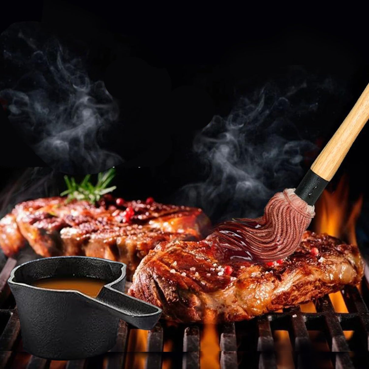 BBQ Mop Brush and Cast Iron Basting Pot - Grilling Tool Set with Basting Brush an Meat Shredder Claws for Meat Smoker, Grill and Stove(8pcs) ZQDFLME