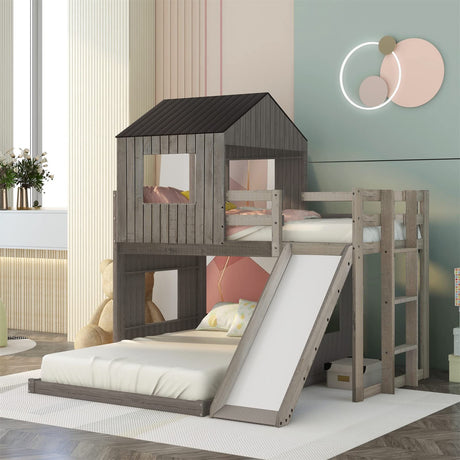 Harper & Bright Designs House Bunk Beds Twin Over Full Size, Wood Bunk Beds with Roof and Window (Distressed Grey, Twin Over Full (with Slide)) Harper & Bright Designs