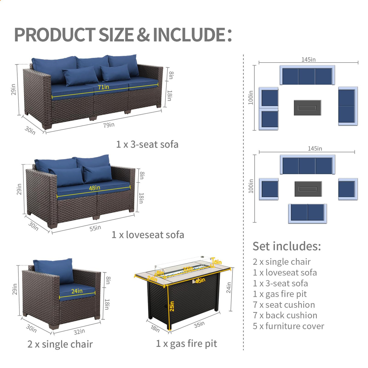 Rattaner 5-Piece Outdoor Patio Furniture 45 in Outdoor Fire Pits Patio Furniture Set 60000 BTU Outdoor Propane Fire Pit No-Slip Cushions Waterproof Covers, Navy Blue Rattaner