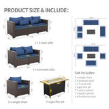 Rattaner 5-Piece Outdoor Patio Furniture 45 in Outdoor Fire Pits Patio Furniture Set 60000 BTU Outdoor Propane Fire Pit No-Slip Cushions Waterproof Covers, Navy Blue Rattaner