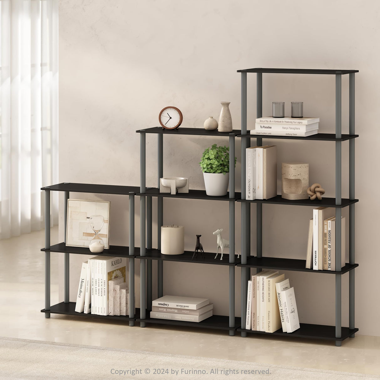 Furinno Turn-N-Tube 3-Tier Multipurpose Compact Bookshelf, Bookcase, Black/Grey Furinno