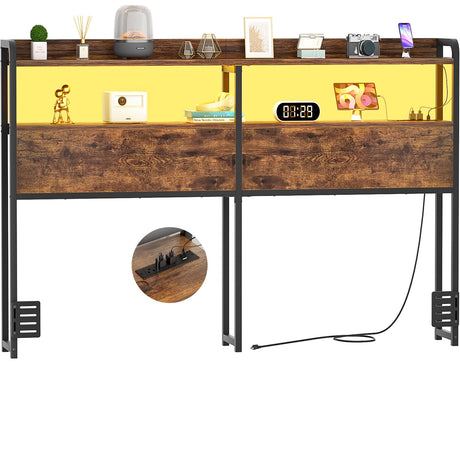 Aheaplus Queen Size Headboard with USB Ports, Outlets, LED Lights, and Storage in Rustic Brown Aheaplus