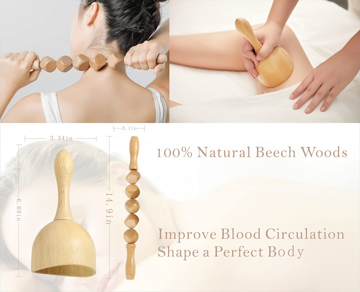 OYAMEQICH Wood Therapy Massage Tools Maderoterapia Kit Body Sculpting Tools for Lymphatic Drainage and Anti-Cellulite .Wood Massager Roller Rpoe for Back and Muscle Pain Relief (Medium) OYAMEQICH