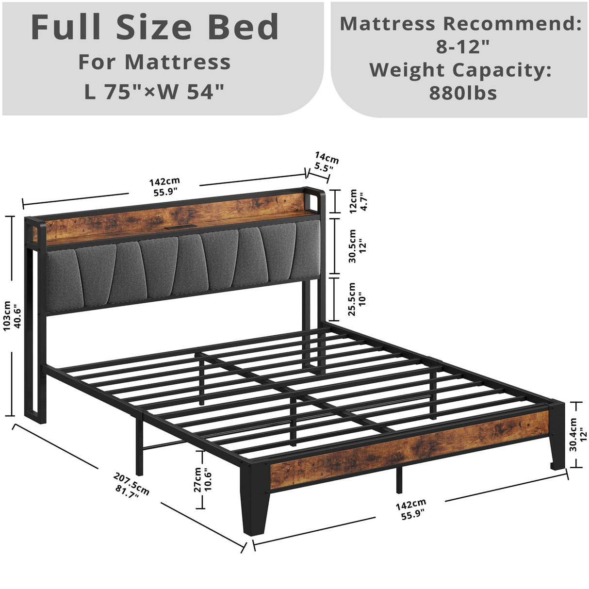 LIKIMIO Vintage Brown and Grey Full Bed Frame with Storage Headboard and Charging Station LIKIMIO