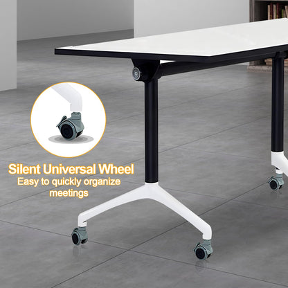 Folding Conference Table,Mobile Flip Top Meeting Table,Modern White Conference Room Table Portable,Foldable Rolling Training Table with Locking Wheels for Office,Meeting Room,Easy Assembly (1 - WoodArtSupply