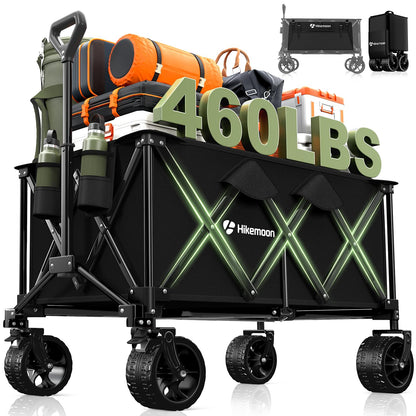 Hikemoon Collapsible Wagon Cart Foldable, 460LB Weight Capacity 220L Heavy Duty Folding Beach Wagon with Big All-Terrain Wheels, Utility Wagon for Groceries, Shopping, Garden, Sports, Camping, Black