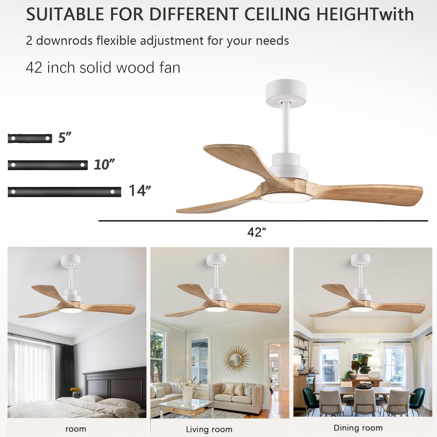 dearnow 42" Ceiling Fans with Lights with Remote Control, Indoor Outdoor Wooden Ceiling Fan with 3 Wooden Blades for Patio, Living Room, Dining Room, Farmhouse and More. (White + Log Color)…