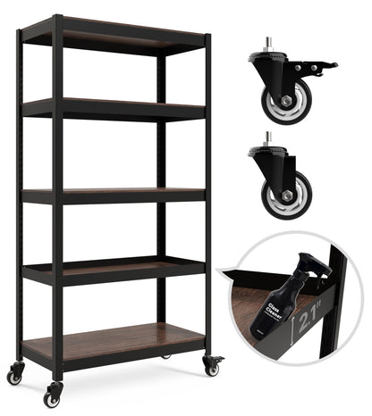 HOMEDANT House 5-Tier Metal Boltless Rolling Cart Shelf Rack Casters Heavy Duty Laminated Wheel Shelving Unit Adjustable Storage Shelves Organizer Kitchen Garage 36.2" W x 16.5" D x 69.5" H 1Pack