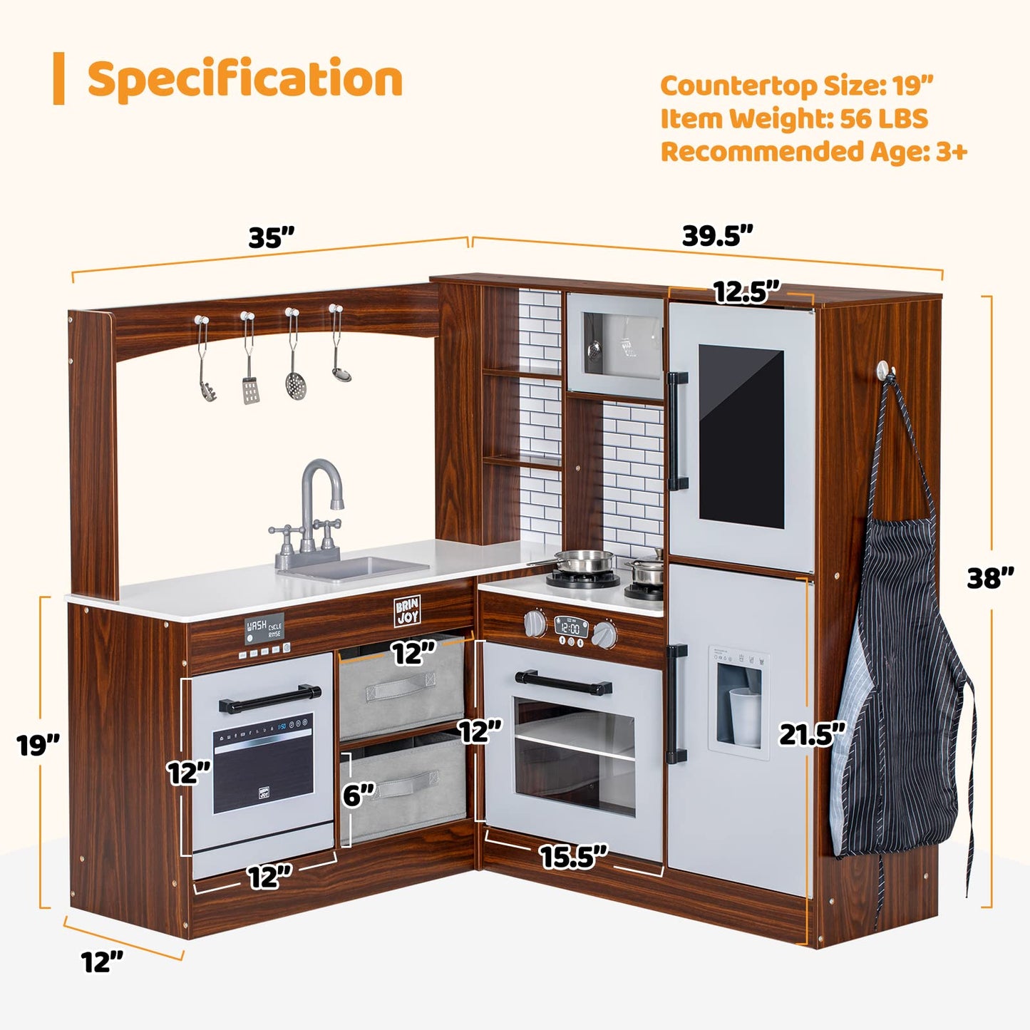 BRINJOY Corner Play Kitchen for Kids, Wooden Toddler Kitchen Playset w/Faucet, Sink, Microwave, Oven, Apron, Blackboard, Storage Cabinets, Pretend Cooking Toys w/Sound & Light Gift for Ages 3 - WoodArtSupply