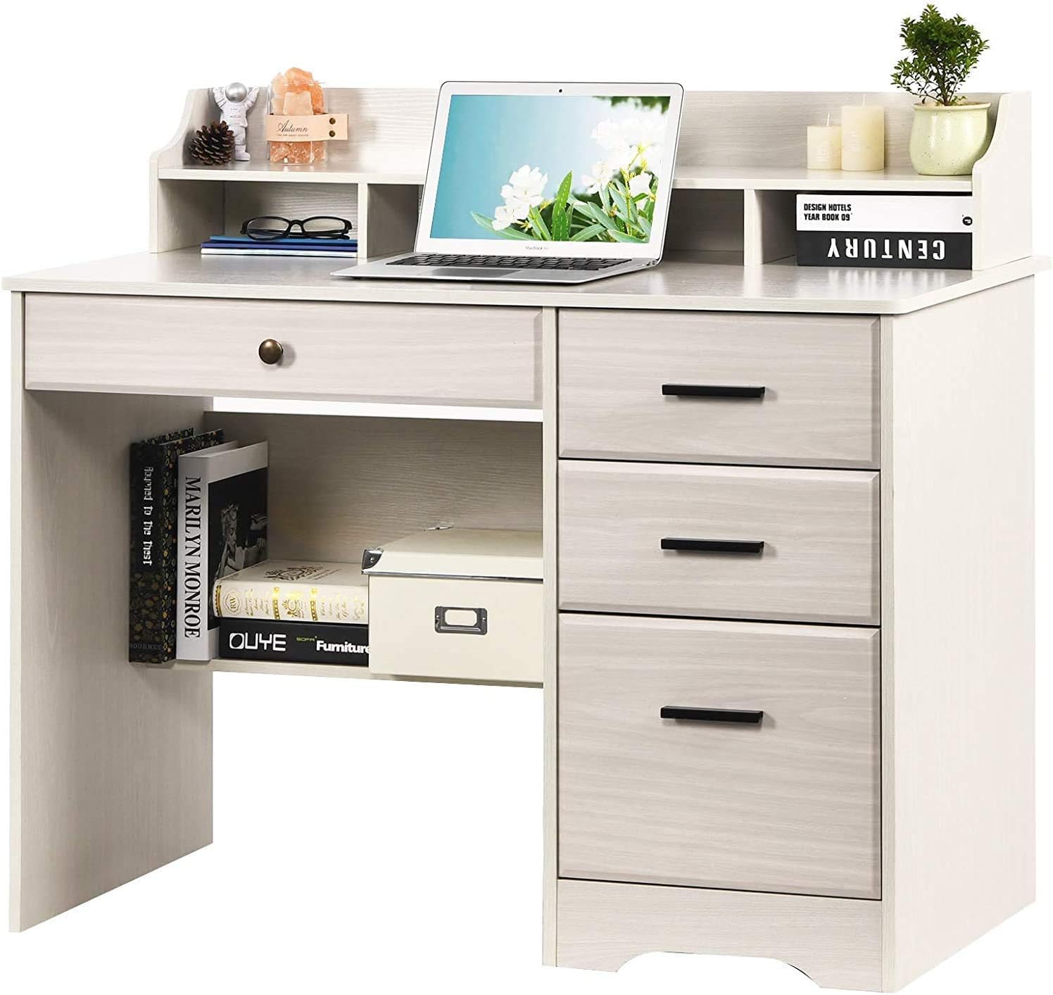 Catrimown Computer Desk with Drawers and Hutch, Farmhouse Home Office Desk Writing Table Wood Executive Desk Student Desk with File Drawer for Bedroom, Small Space, Milky White - WoodArtSupply