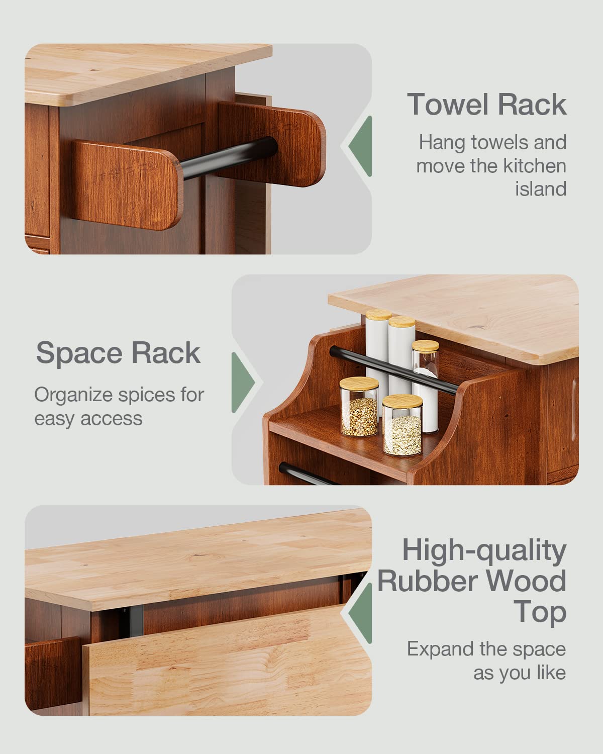Qsun Kitchen Island with Drop Leaf and Storage, on Wheels Two Drawers, Large Storage Cabinet, Towel Rack Spice Cart Brown Qsun