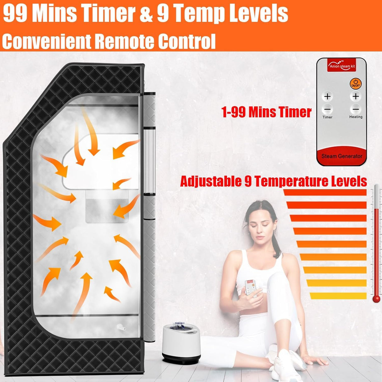 bsdonte Portable Sauna for Home, Personal Steam Sauna Box, Indoor Sauna Tent at Home Full Body with 1000W 2.6L Steamer, Timer, Remote Control, Folding Chair, 9 Levels Heating, 2.6' x 2.6' x 5.9' bsdonte