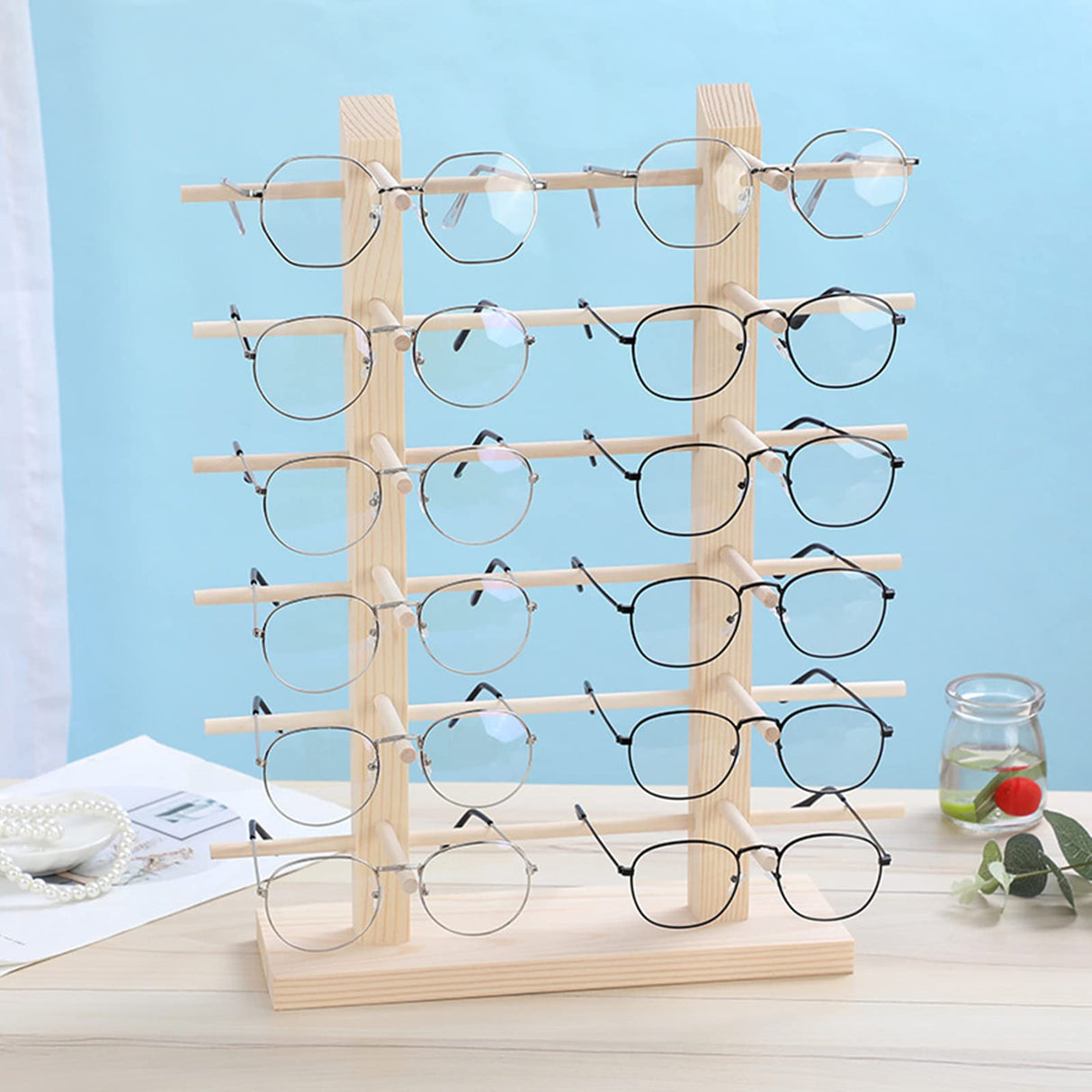 Wooden Sunglass Rack, 12 Pair Wood Sunglass Display Stand Frame Glasses Holder Organizer for Home or Glasses Shop Display,16.81 x 13.58 x 5.62 inches (6 Tier) Odowalker