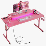 Bestier 52 Inch Gaming Desk with Power Outlets and USB Charging Ports, LED Small Computer Desk with Monitor Stand, Home Office Desk with Cup Holder & Headset Hooks, Desk for Office, Carbon Fiber Pink Bestier