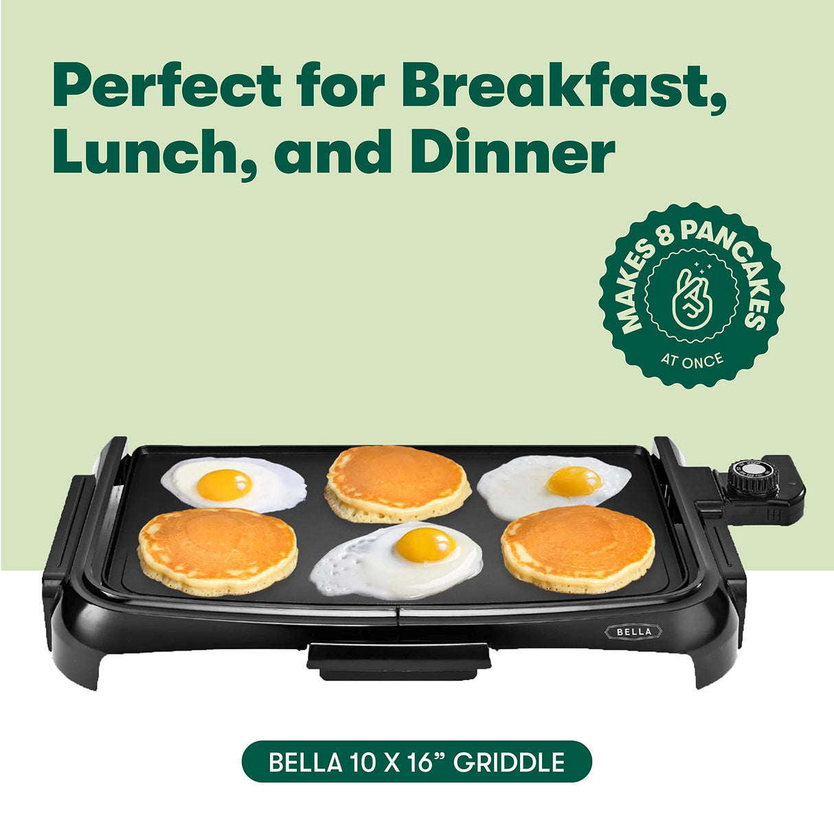 BELLA Electric Griddle with Crumb Tray - Smokeless Indoor Grill, Nonstick Surface, Adjustable Temperature Control Dial & Cool-touch Handles, 10" x 16", Black BELLA