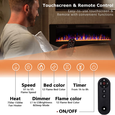 Vitesse 60 inch Ultra-Thin Electric Fireplace in-Wall Recessed and Wall Mounted Fireplace Heater,Linear Fireplace with Multicolor Flame,Timer,Low Noise,750/1500W,Touch Screen & Remote Control(60’’) VITESSE