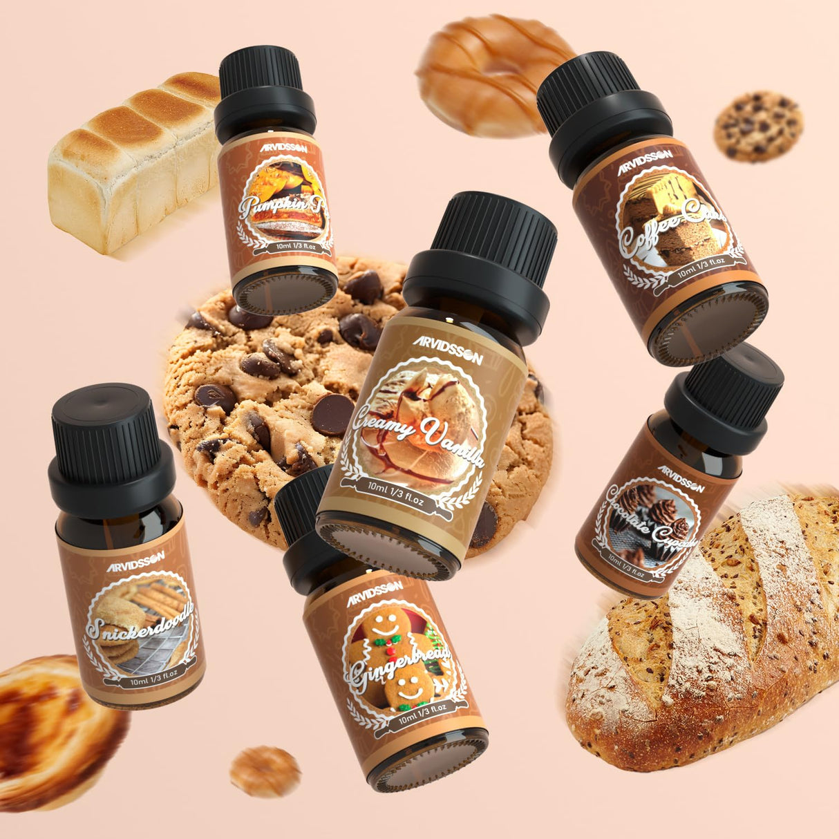 Bakery Fragrance Oils Set, ARVIDSSON Bakery Dessert Essential Oils for Candle Making, Pumpkin Pie, Snickerdoodle, Gingerbread, Creamy Vanilla and More, Cozy Fall Essential Oils for Diffuser ARVIDSSON