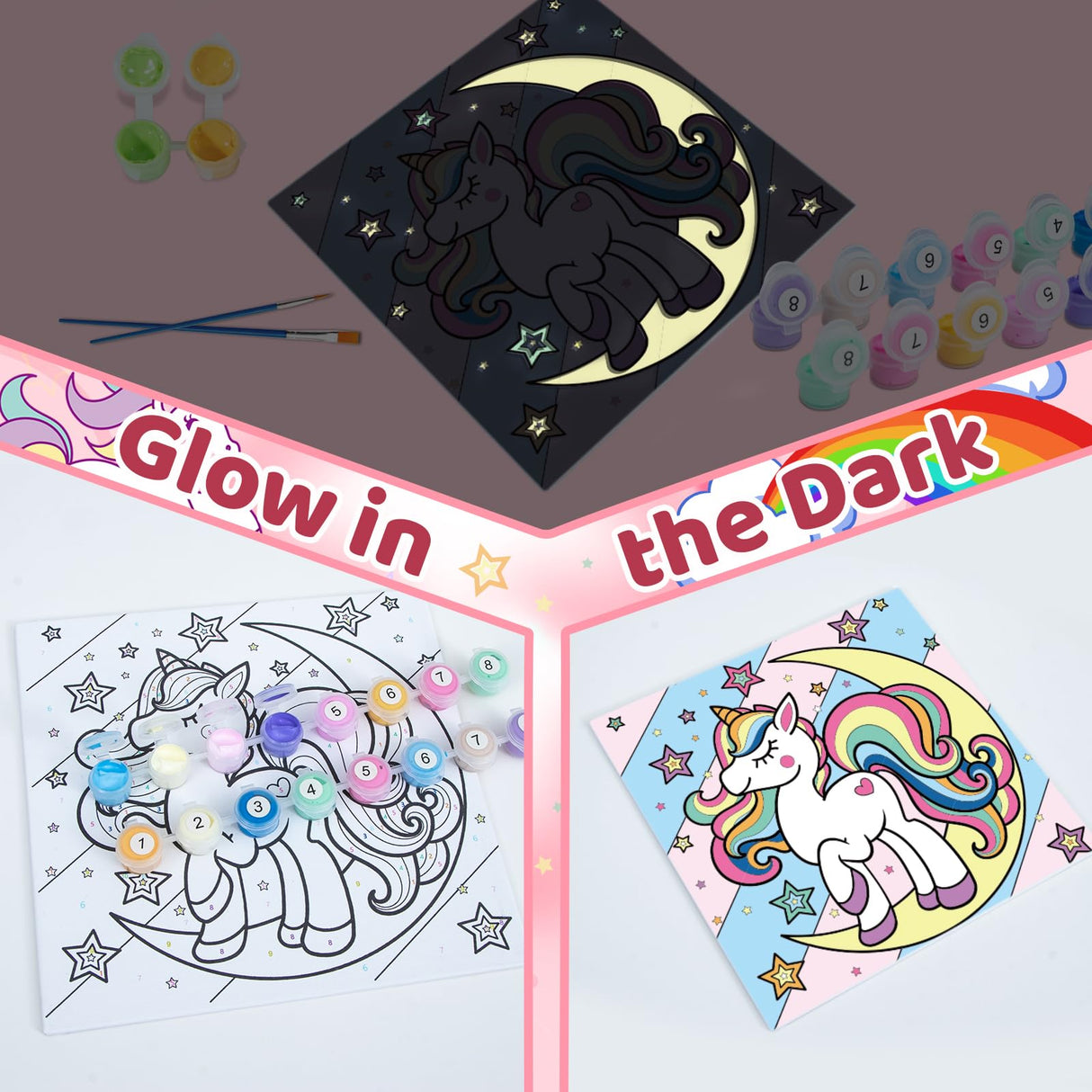 6 Pack Glow in the Dark Unicorn Paint by Numbers Kit for Kids - Pre-printed Canvas with 50 Paints, 12 Brushes & 2 Easels - DIY Acrylic Painting Set for Boys and Girls - Ideal for Home Decor Craft Spot!