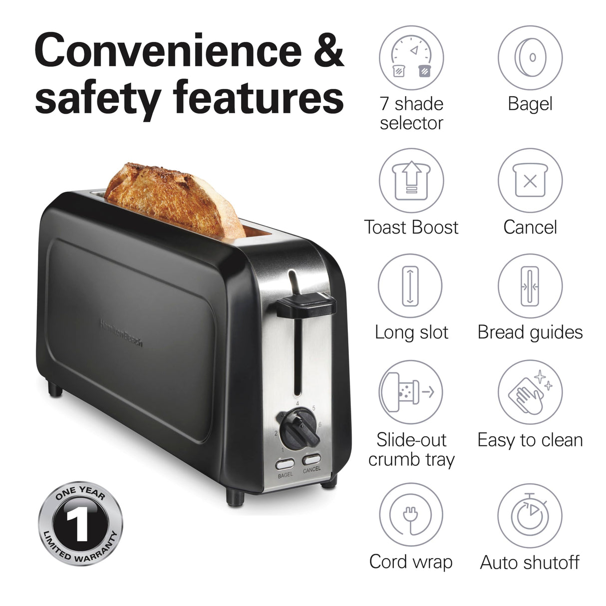 Hamilton Beach Extra Long Slot 2 Slice Toaster with Browning Control, Bagel Function, Cancel Button & Auto Shutoff, Modern Slim Design Fits Any Space, Black (22989) Hamilton Beach