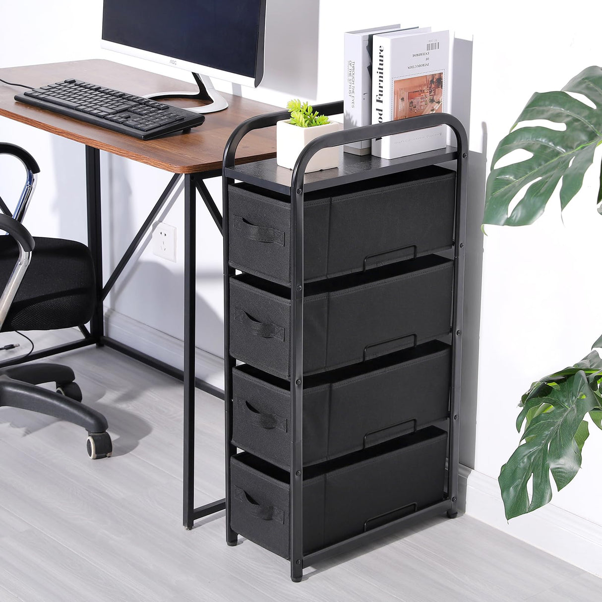 MAX Houser 4 Drawer Narrow Dresser Fabric Storage Tower Vertical Slim Storage Chest Organizer Nightstand Side/End Table Small Standing Organizer Removable Drawers Wood Top for Bedroom, Bathroom（Black) MAX Houser