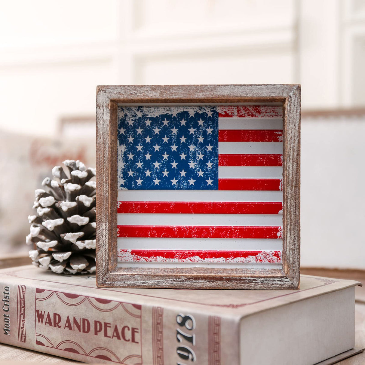 FESTWIND 4th of July Tiered Tray Decor, Wood Frame Embossed Metal USA Flag Block Sign, American Flag Table Decor for Fourth of July, Memorial Day, Patriotic Wood Decor for Shelves FESTWIND