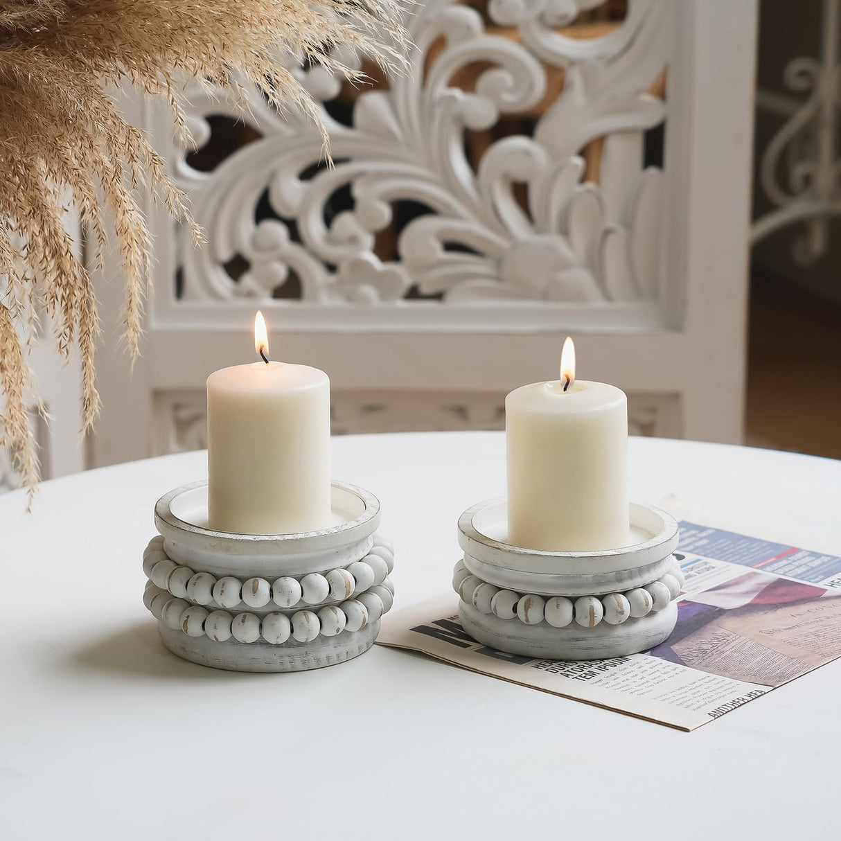 NIKKY HOME Farmhouse Beaded Wooden Candle Holders Set of 2, Rusitc Solid Wood Pillar Candlesticks Pedestal, Fireplace Mantle Table Centerpiece Decor, Distressed White NIKKY HOME