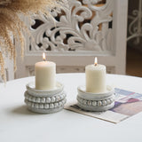 NIKKY HOME Farmhouse Beaded Wooden Candle Holders Set of 2, Rusitc Solid Wood Pillar Candlesticks Pedestal, Fireplace Mantle Table Centerpiece Decor, Distressed White NIKKY HOME