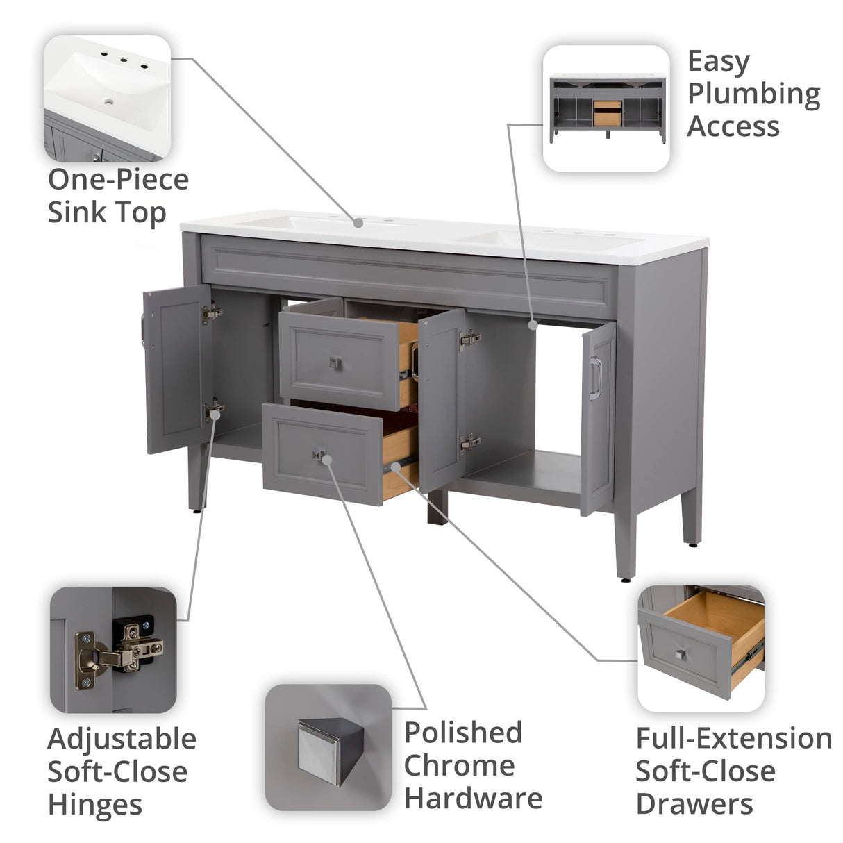 Spring Mill Cabinets Vadin 60 Inch Double-Sink Bathroom Vanity with White Top, 2 Soft-Close Drawers, 2 Cabinets, 60.5" W x 18.75" D x 35.43" H, Sterling Gray Spring Mill Cabinets