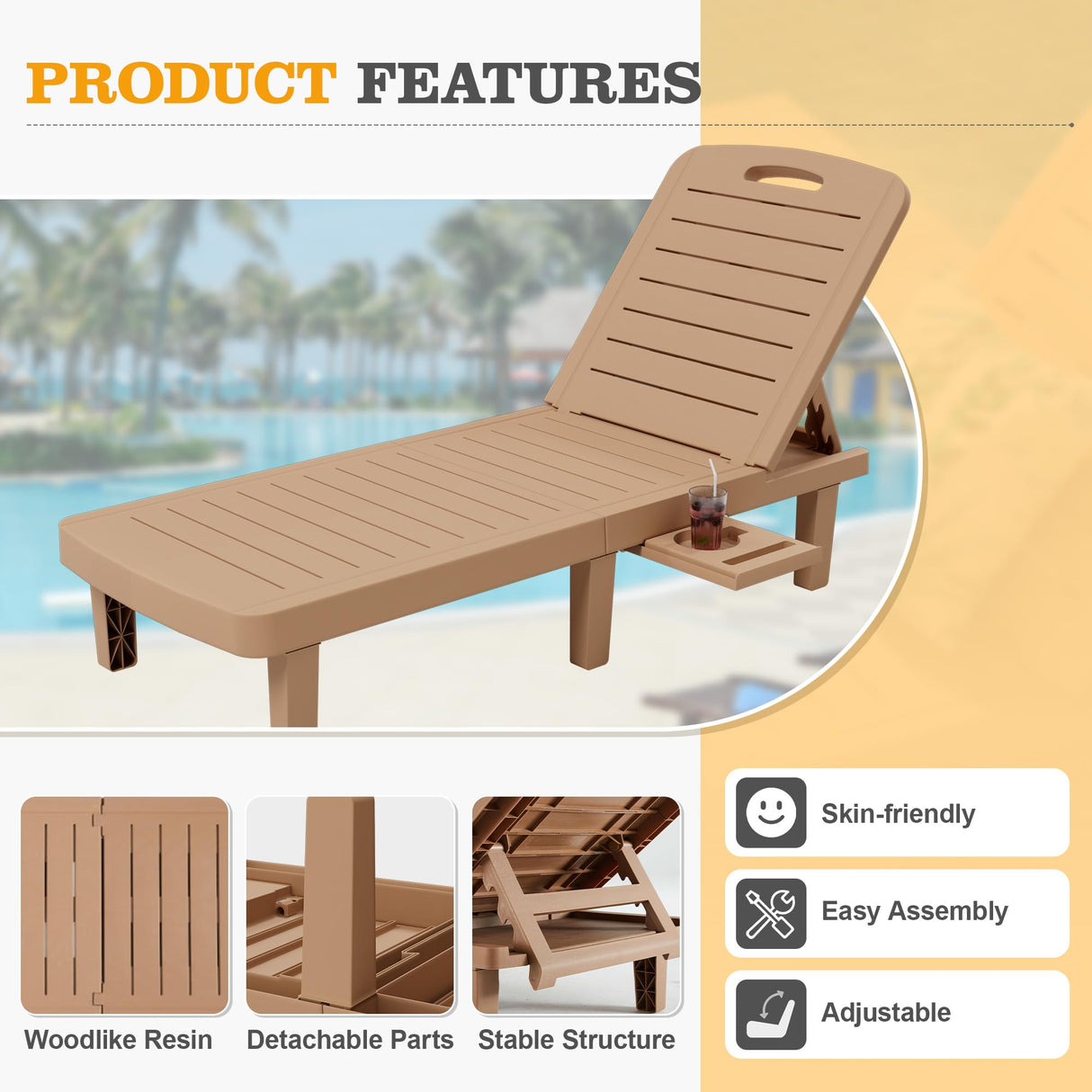 UDPATIO Oversized Outdoor Chaise Lounge Chair Set of 2, 5-Level Adjustment Backrest, Extra Widen Chaise with Cup Holder Easy Assembly for Pool Beach Garden (Wood Grain) UDPATIO