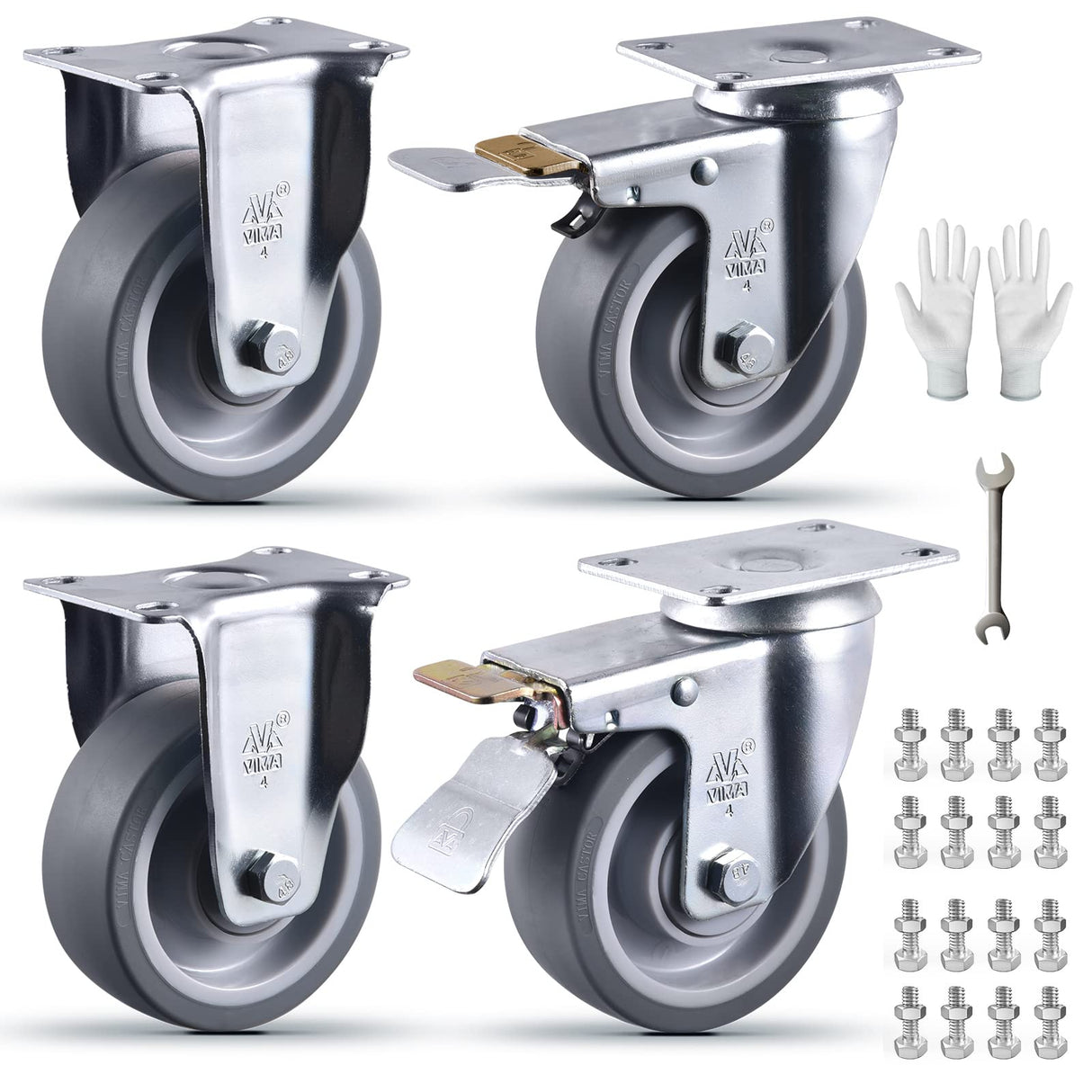 4 Inch Castets Set of 4 Heavy Duty Caster Wheels with Brake 2200Lbs Swivel Rigid TPR Rubber Wheel Silent Castor Locking Industrial Plate Casters Wheels for Cart Furniture Workbench, 2 Fixed & 2 Brake VM VIMA