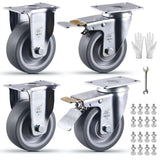 4 Inch Castets Set of 4 Heavy Duty Caster Wheels with Brake 2200Lbs Swivel Rigid TPR Rubber Wheel Silent Castor Locking Industrial Plate Casters Wheels for Cart Furniture Workbench, 2 Fixed & 2 Brake VM VIMA