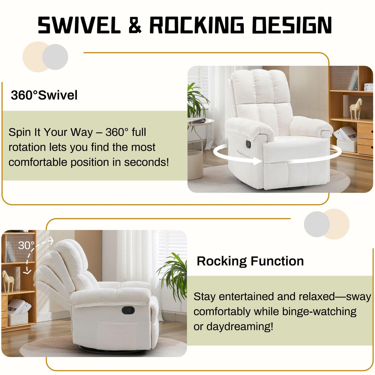 Korser Recliner Chair, Swivel Rocker Recliner Chair for Adults, Small Recliners for Small Spaces, Upholstered Manual Recliner with Side Pockets, Nursery Rocking Chair for Living Room, Chenille, Beige Korser
