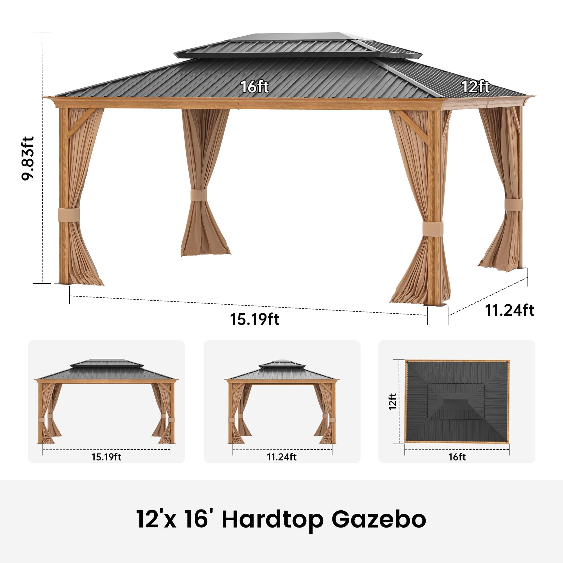 12' x 16' Patio Hardtop Gazebo Heavy Duty Aluminum Frame Metal Galvanized Steel Double Roof Outdoor Permanent Pergolas for Garden, Parties, Lawns, Deck (Woodgrain Grey) - WoodArtSupply