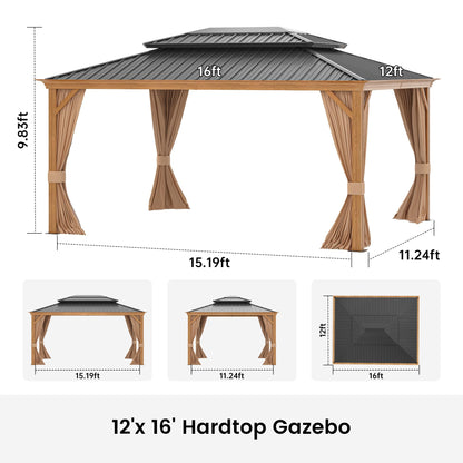 12' x 16' Patio Hardtop Gazebo Heavy Duty Aluminum Frame Metal Galvanized Steel Double Roof Outdoor Permanent Pergolas for Garden, Parties, Lawns, Deck (Woodgrain Grey) - WoodArtSupply