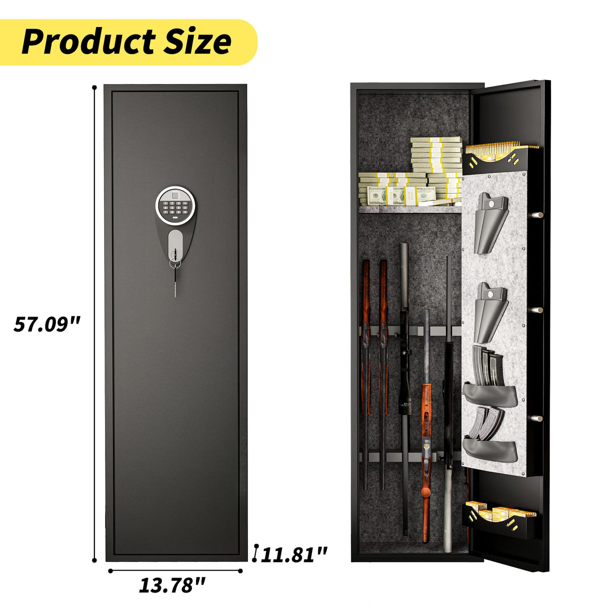Welfiya 6-8 Gun Safes,Biometric Gun Safe for Pistols with Quick Access,57" Fireproof Cabinet with Adjustable Rack for Home Rifle and Shotguns,Fingerprint/Digital Keypad Lock,Black Welfiya
