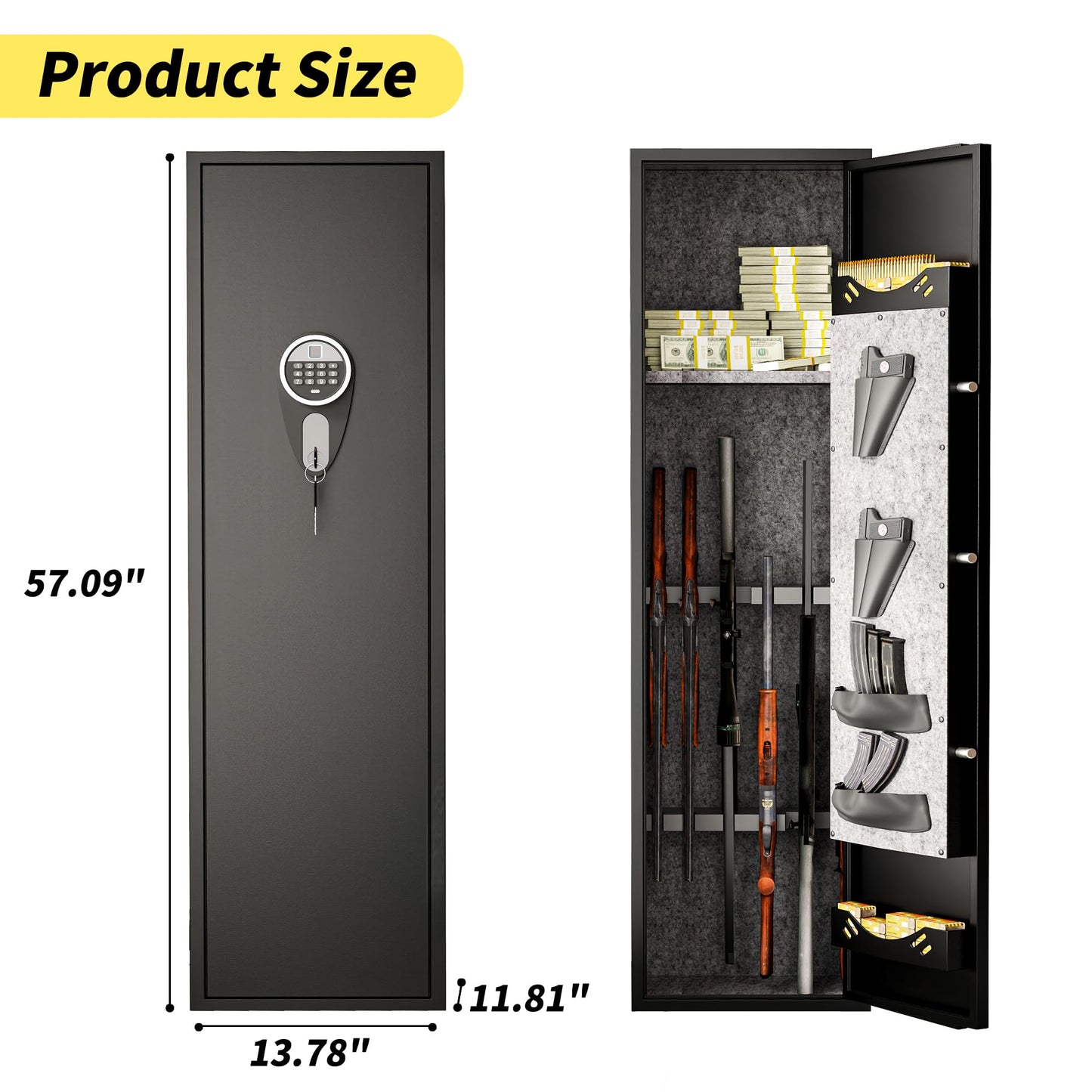 Welfiya 6-8 Gun Safes,Biometric Gun Safe for Pistols with Quick Access,57" Fireproof Cabinet with Adjustable Rack for Home Rifle and Shotguns,Fingerprint/Digital Keypad Lock,Black