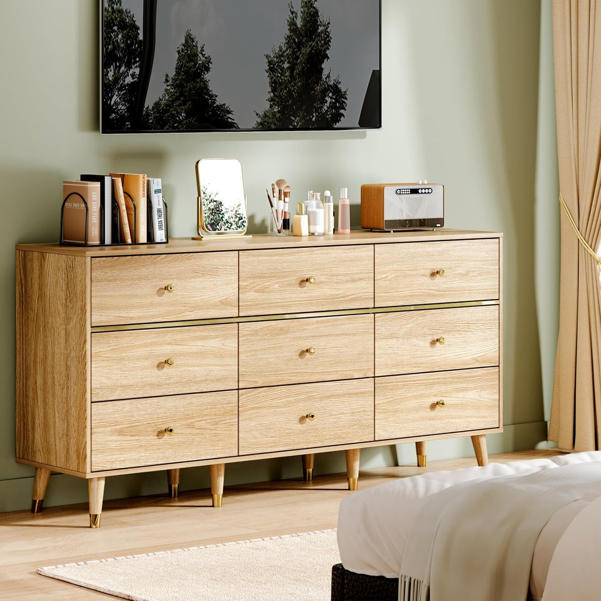 Chrangmay 9 Drawer Dresser,63" Wide Mid Century Modern Chest of Drawers,Wooden Bedroom Drawer Dresser with 9 Storage Drawers for Bedroom, Living Room,with Anti-Tipping Device,Natural Chrangmay