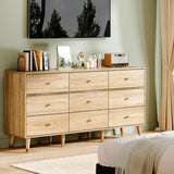 Chrangmay 9 Drawer Dresser,63" Wide Mid Century Modern Chest of Drawers,Wooden Bedroom Drawer Dresser with 9 Storage Drawers for Bedroom, Living Room,with Anti-Tipping Device,Natural Chrangmay