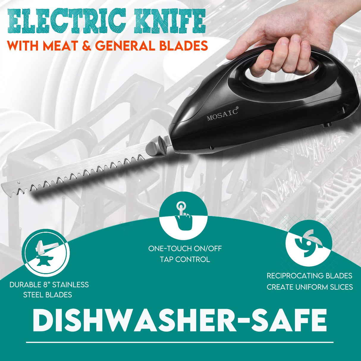 MOSAIC Electric Knife, Electric Carving Knife with 2 Serrated 8” Stainless Steel Blades, Eject Button and Handle Easy Grip for Carving Meats, Turkey, Poultry, Bread, Crafting Foam MOSAIC