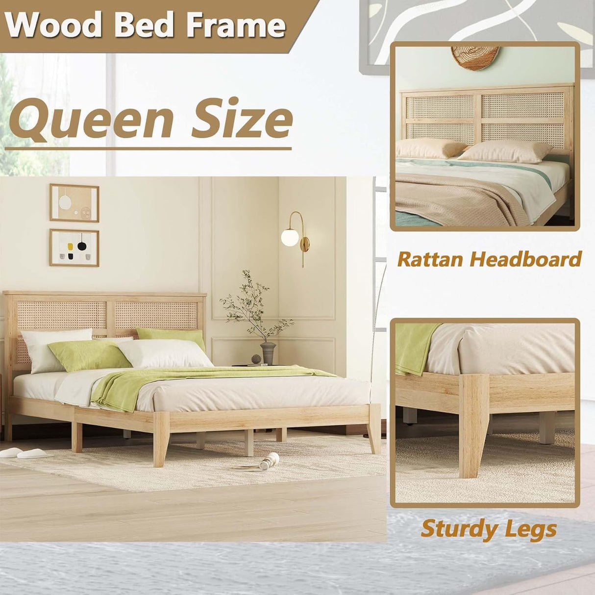 Queen Size Rattan Bed Frame, Natural Wood Bed Frame with Support Legs, Platform Bed with Rattan Headboard, Queen Bed Frame with Storage Underneath, No Box Spring Needed, White Oak RuiSiSi