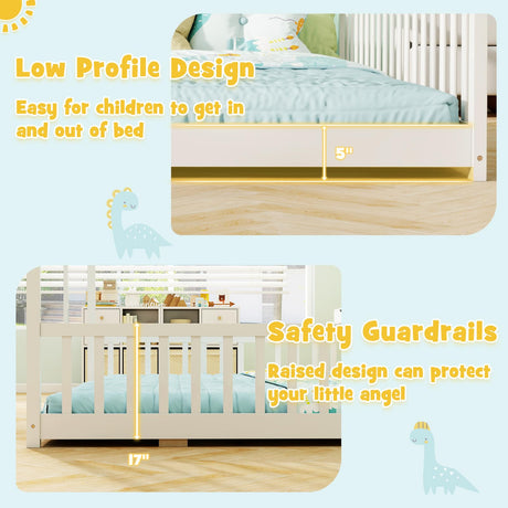 KOMFOTT Double Twin Floor House Bed, House Platform Beds for 2 Kids, Double Montessori Floor Bed with Safety Guardrails, No Box Spring Needed, Wooden Slat Supported Twin Floor Bed (White) KOMFOTT
