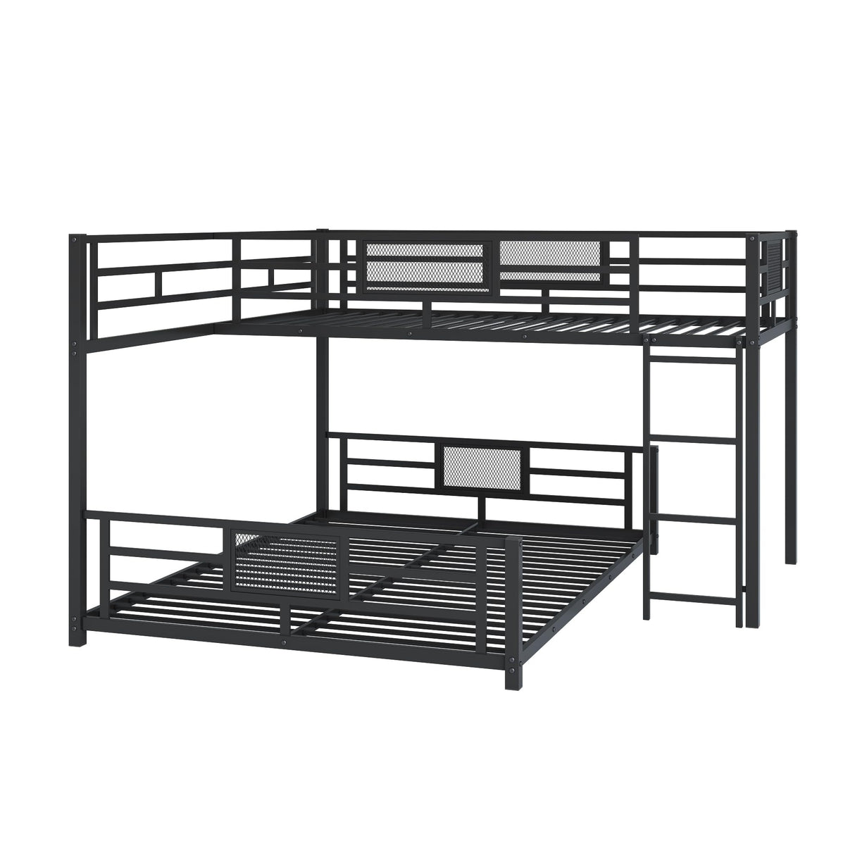Heavy Duty Bunk Beds Twin Over Full Size, L-Shaped Bunk Bed with Full Length Guardrail and Ladder, No Box Spring Needed, Black Bunk Bed Twin Over Full Bellemave
