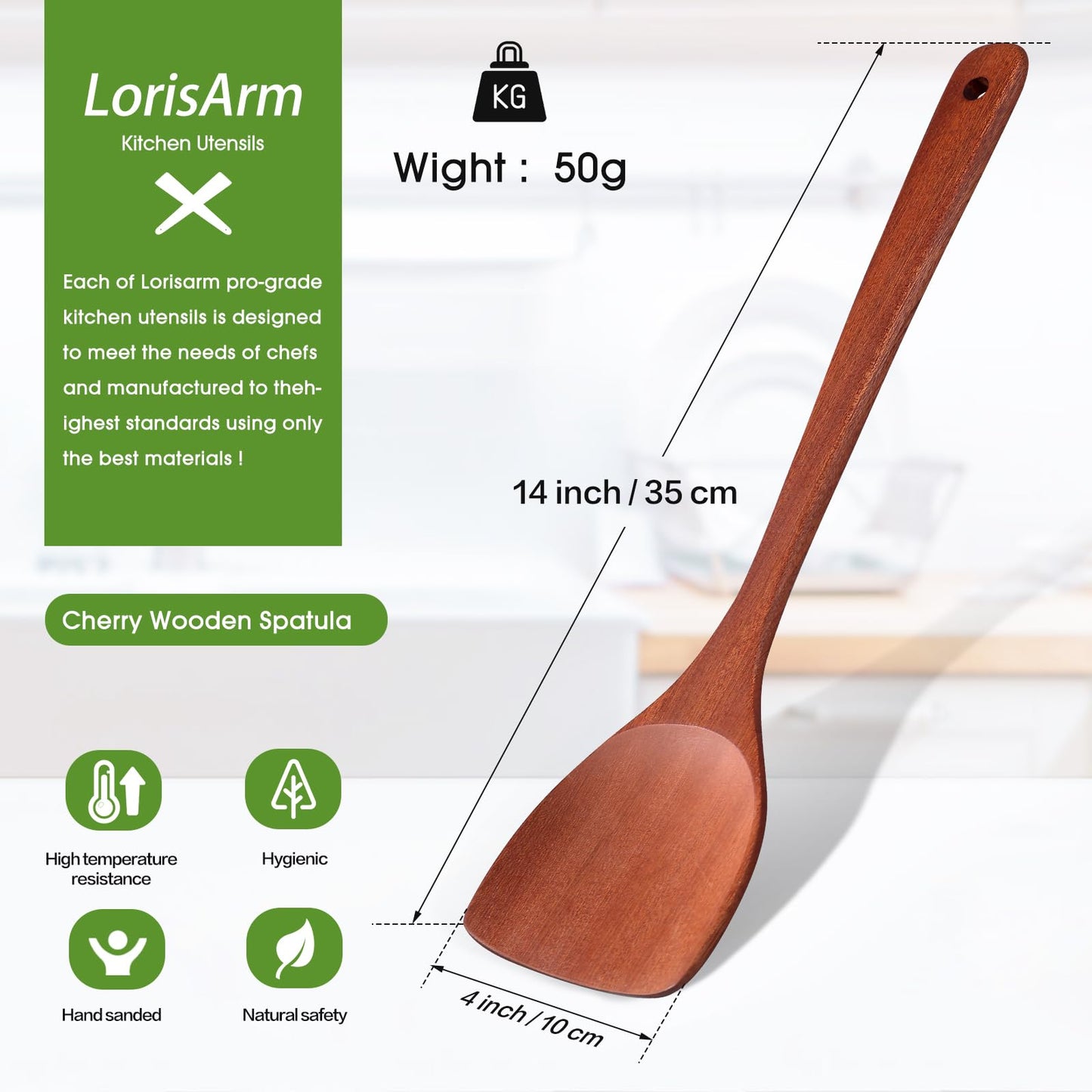 LorisArm 14-inch Cherry Wooden Spatula Turner Long Handle, Wood Kitchen Spatula Turner, Egg Scraper, Wood Cooking Utensil, Kitchen Spatulas for Flipping, Serving, Scraping & Turning.