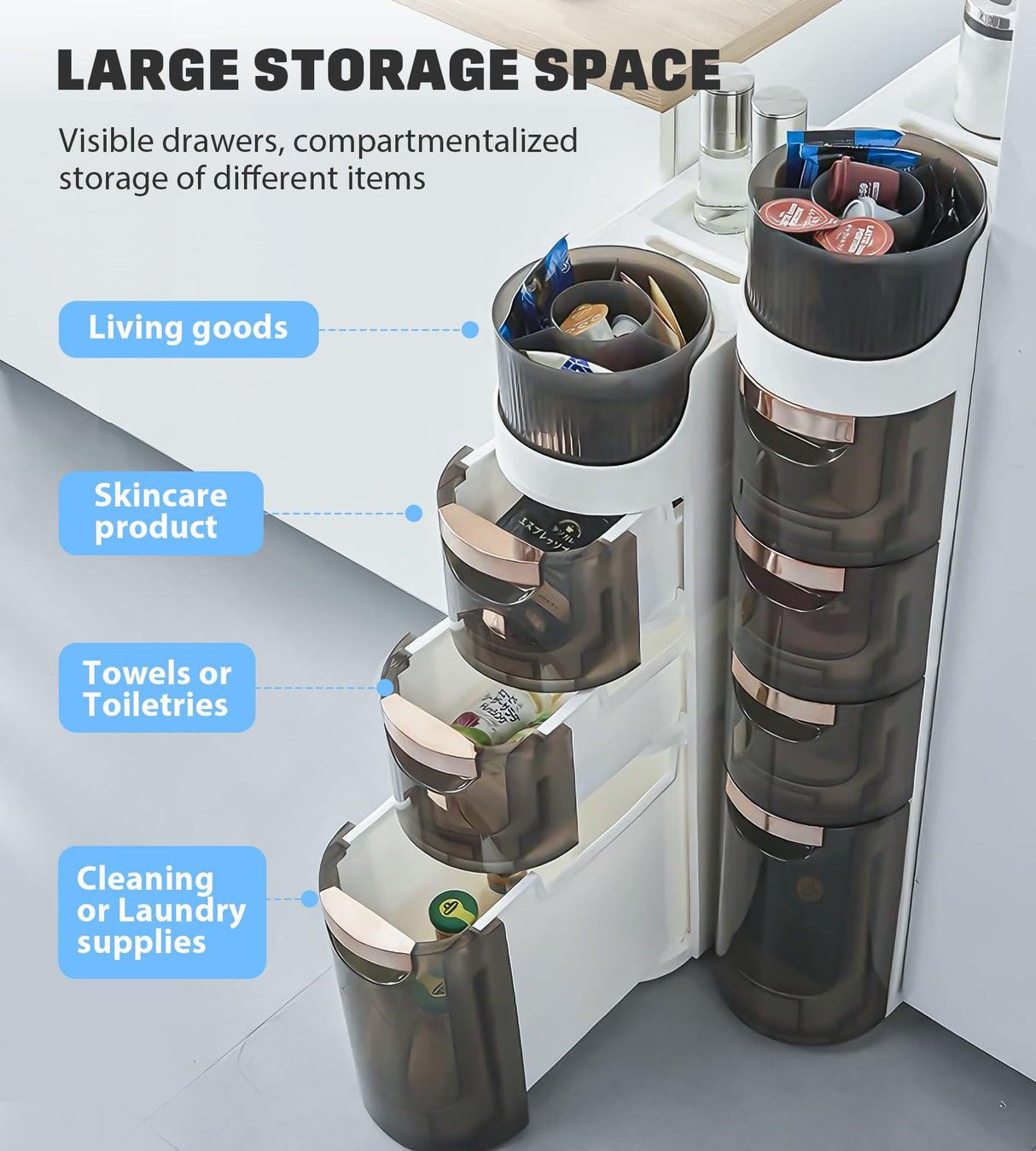 Lozovin 4-Tiers Slim Bathroom Storage Cabinet, Waterproof Narrow Floor Cabinet with Tissue Box and Wheels, Skinny Storage Organizer with Drawers for Small Spaces, Bathroom, Kitchen, Bedroom, 6.7″ Lozovin