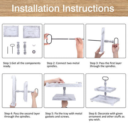YGEOMER Wooden Tiered Tray for Farmhouse Kitchen, Living Room Centerpiece, Coffee Table Decor, Two Tier White Tray with Handle for Holiday Decoration, Christmas, Easter (Decors Not Included)
